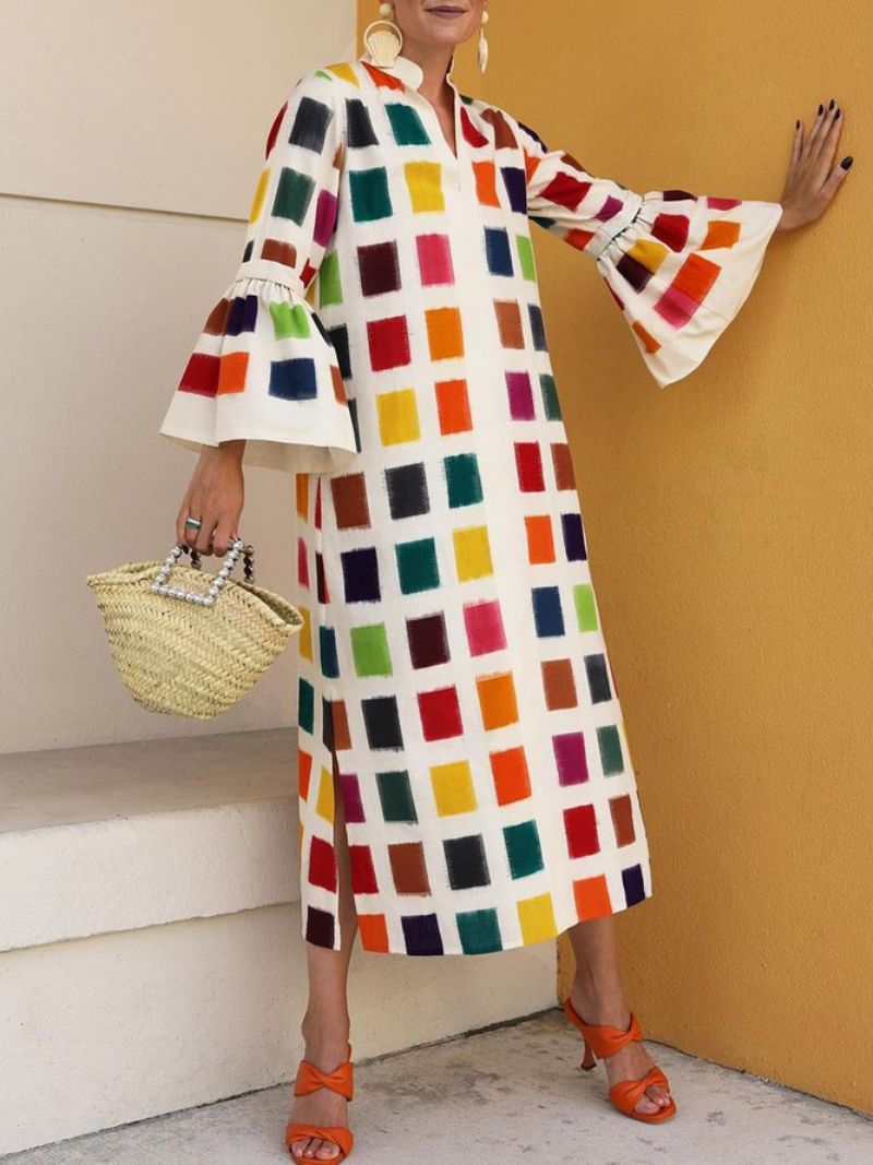 Robe Ample Imprimée De Blocs De Couleurs De Vacances À Col En V