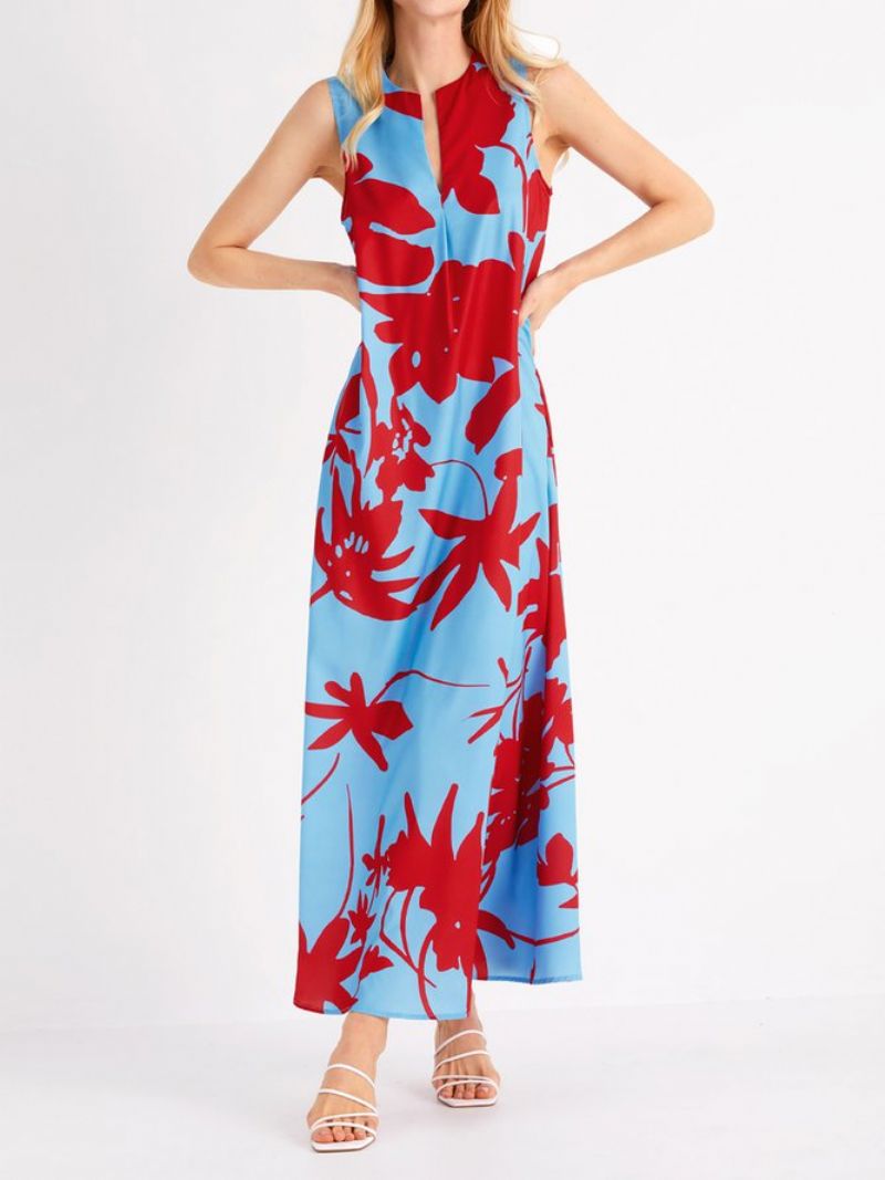 Robe Mi-longue Sans Manches À Encolure Florale Vacation Loose