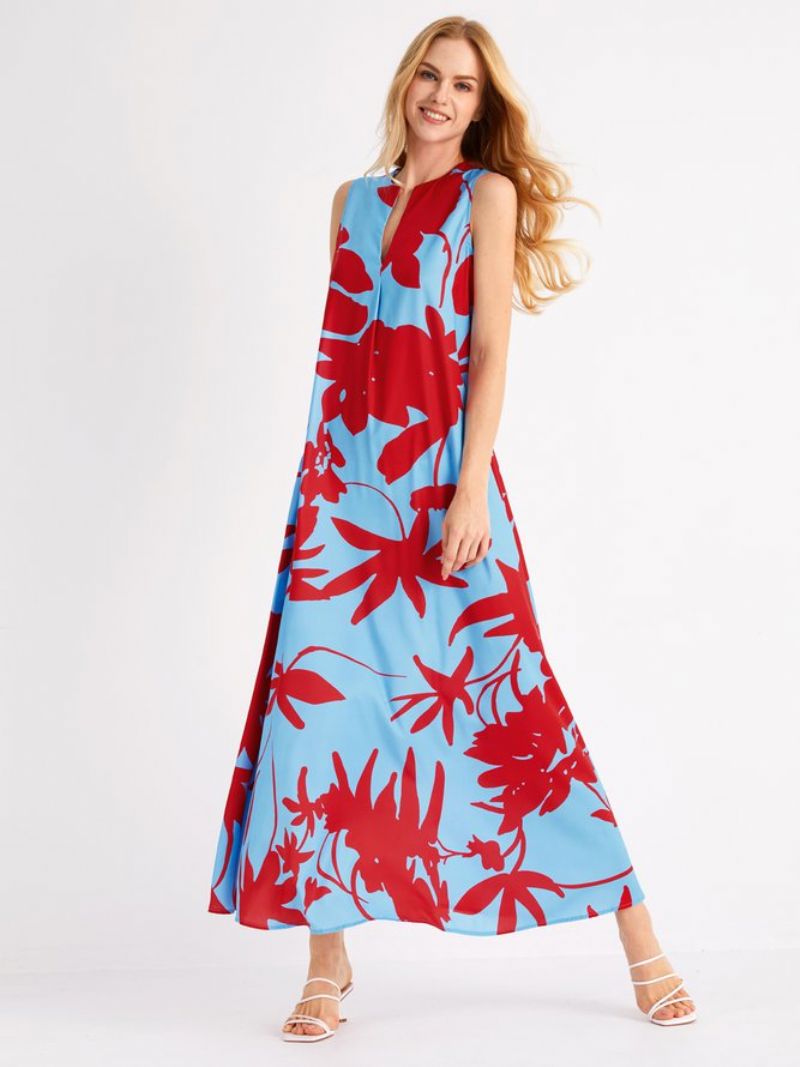 Robe Mi-longue Sans Manches À Encolure Florale Vacation Loose