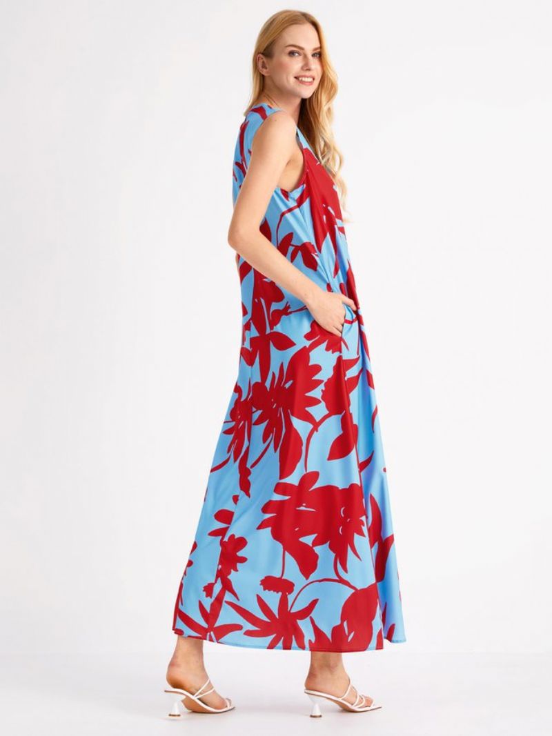 Robe Mi-longue Sans Manches À Encolure Florale Vacation Loose