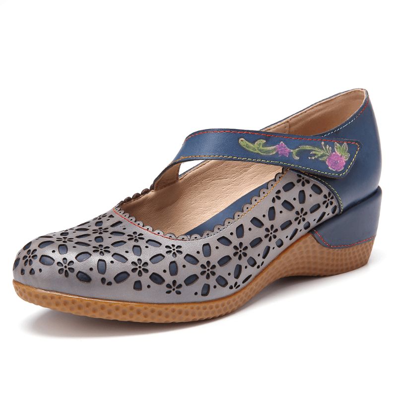 Découpes Florales En Cuir Rétro À Bout Rond En Relief Floral Hool Loop Wedges Pumps