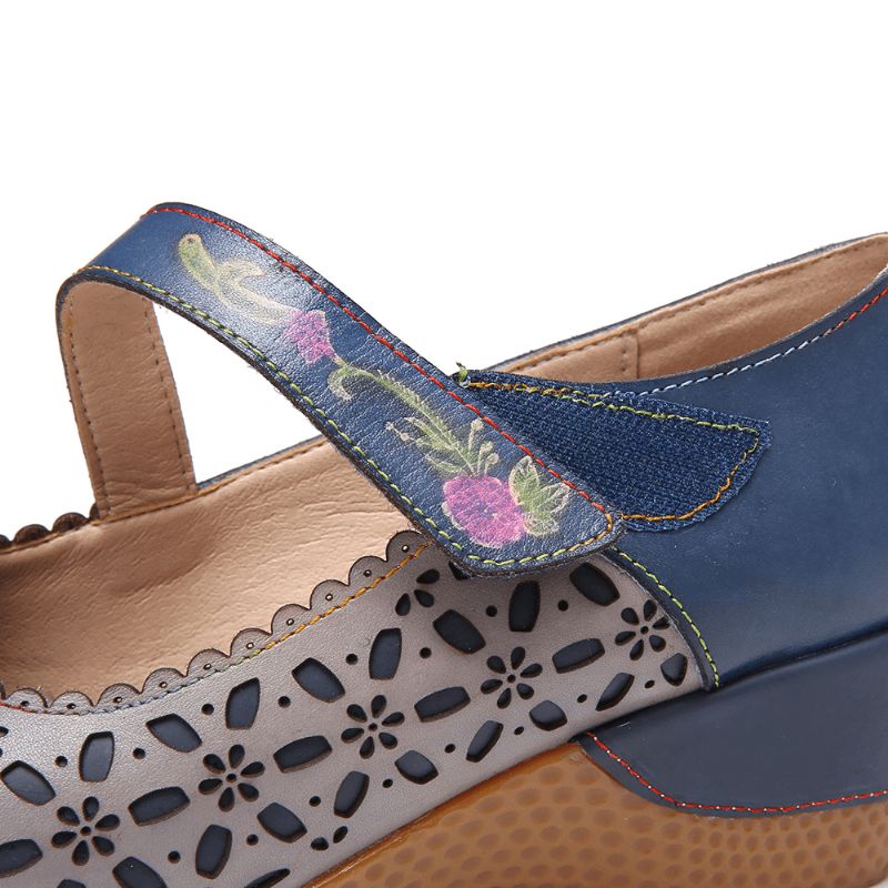 Découpes Florales En Cuir Rétro À Bout Rond En Relief Floral Hool Loop Wedges Pumps