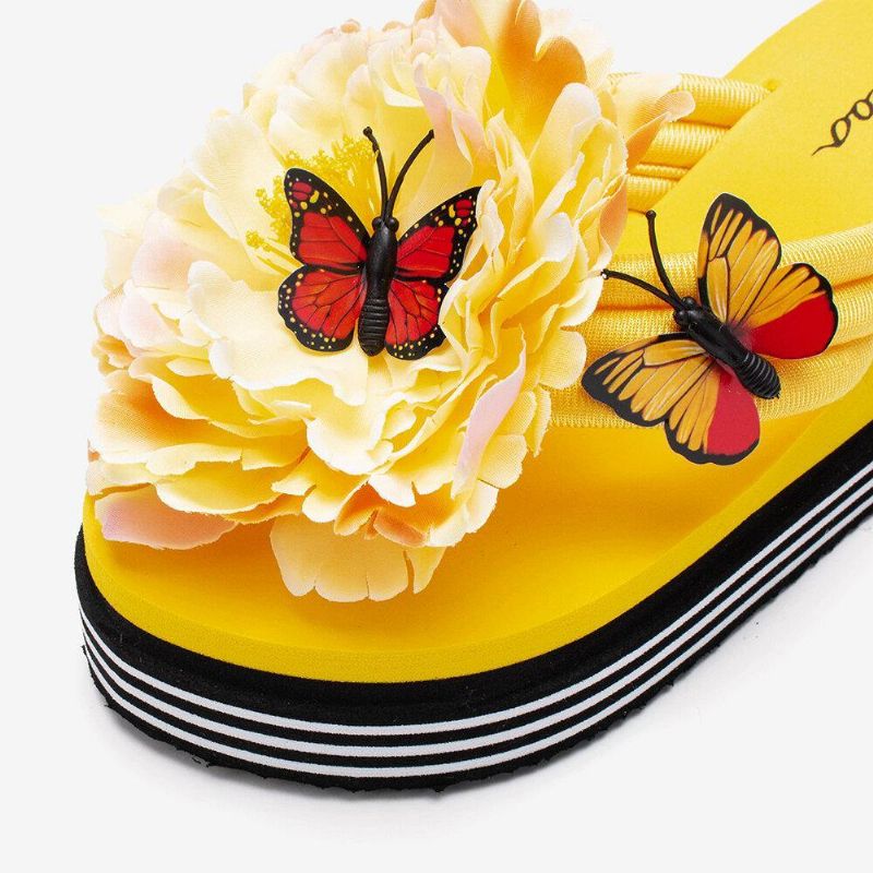 Femmes Fleurs Papillon Décor Clip Toe Plage Pantoufles Plate-forme