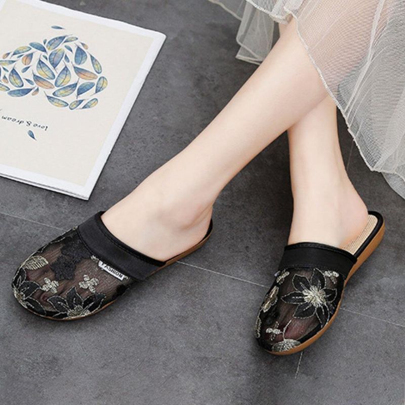 Femmes Floral Flower Pattern Hollow Out Confortable Fermé Toe Casual Flat Slipper