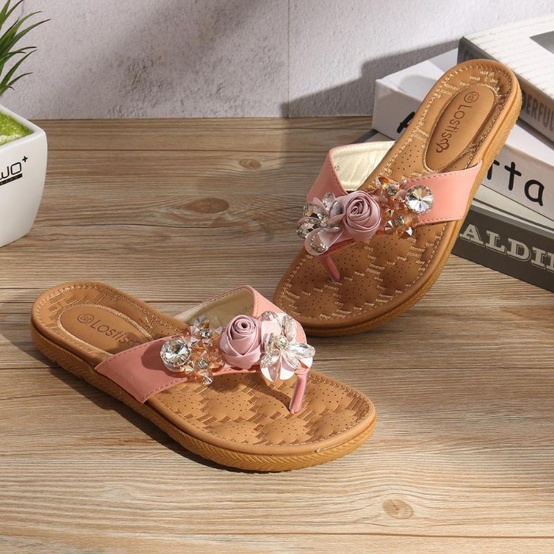 Femmes Plage Fleurs Strass Clip Toe Pantoufles