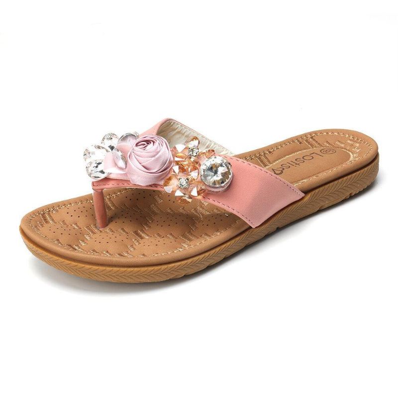 Femmes Plage Fleurs Strass Clip Toe Pantoufles