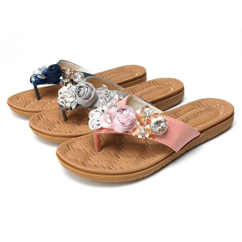 Femmes Plage Fleurs Strass Clip Toe Pantoufles