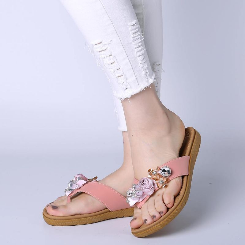 Femmes Plage Fleurs Strass Clip Toe Pantoufles