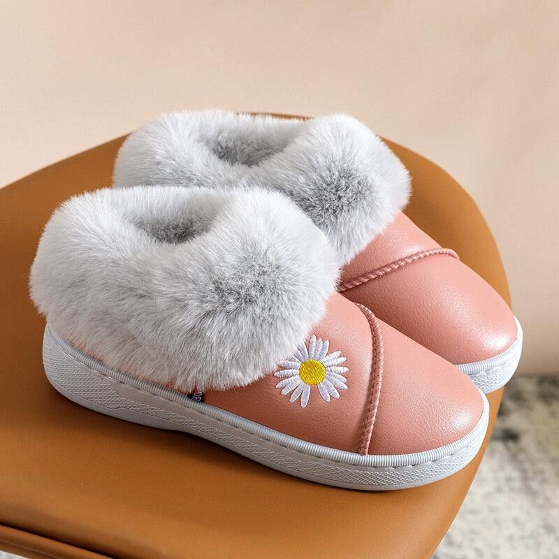 Pantoufles D'hiver Imperméables En Peluche Chaudes À Motif Marguerite Pour Femmes