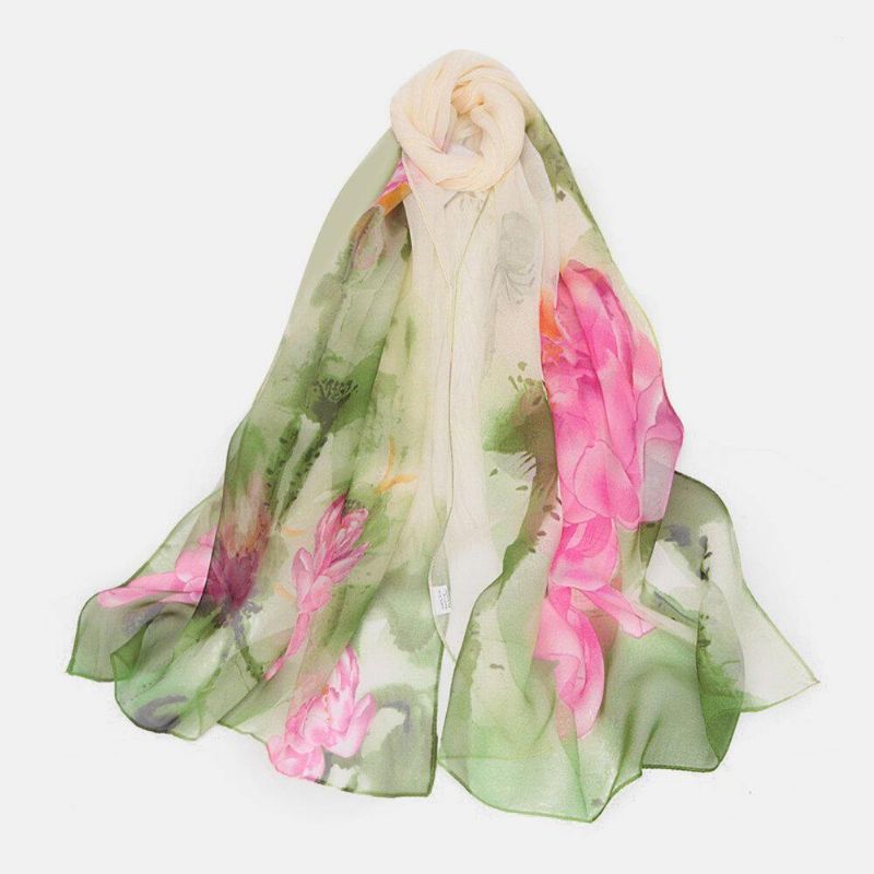 Femmes Georgette Couleur Fleur Impression Élégante Longue Écharpe En Soie Mince Châle