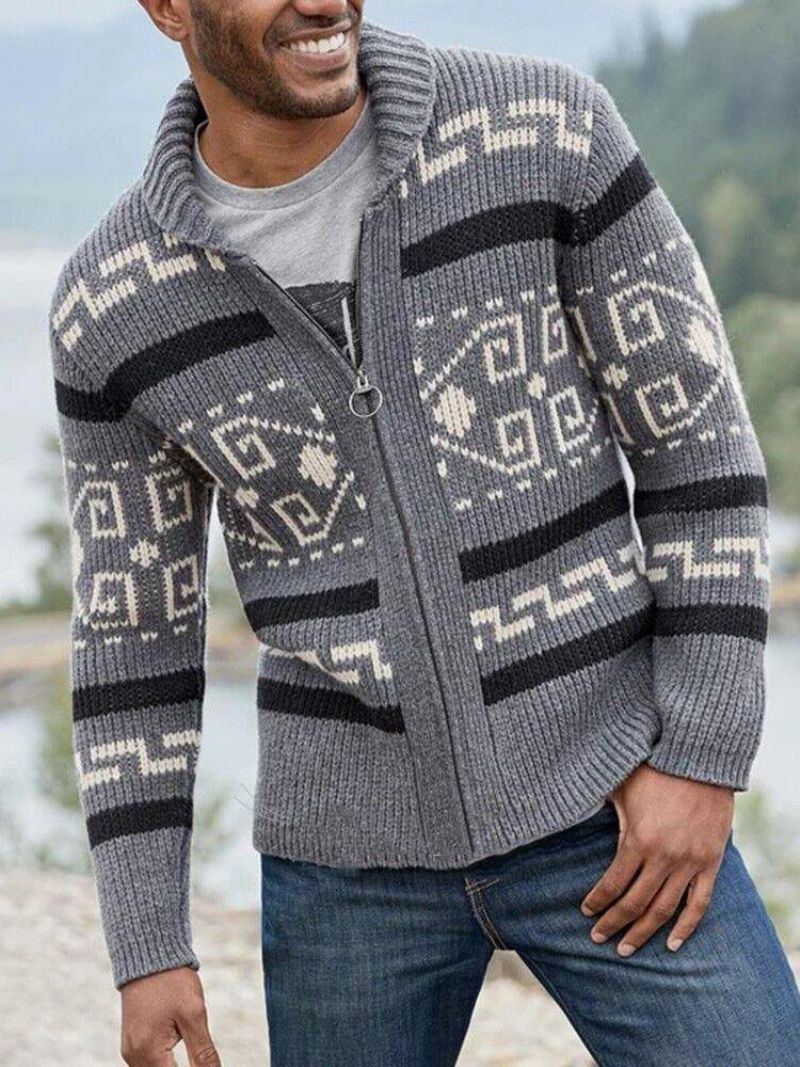 Cardigan À Manches Longues Pour Homme Avec Imprimé Ethnique Et Fermeture Éclair