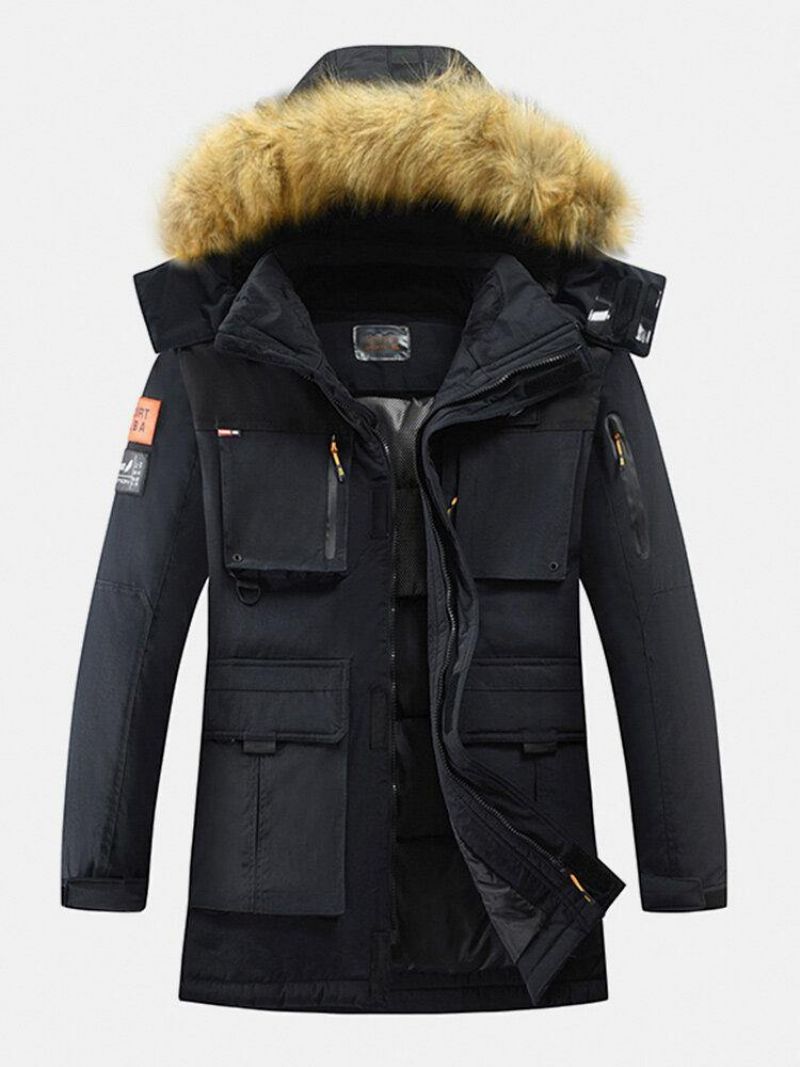 Manteau D'hiver Épais À Capuche En Fourrure À Plusieurs Poches Pour Hommes