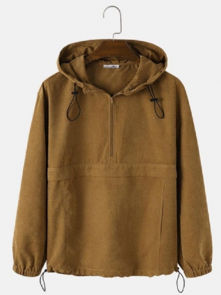 Sweat À Capuche Couleur Unie Avec Demi-fermeture Éclair Et Cordon De Serrage Pour Homme Avec Poche Kangourou