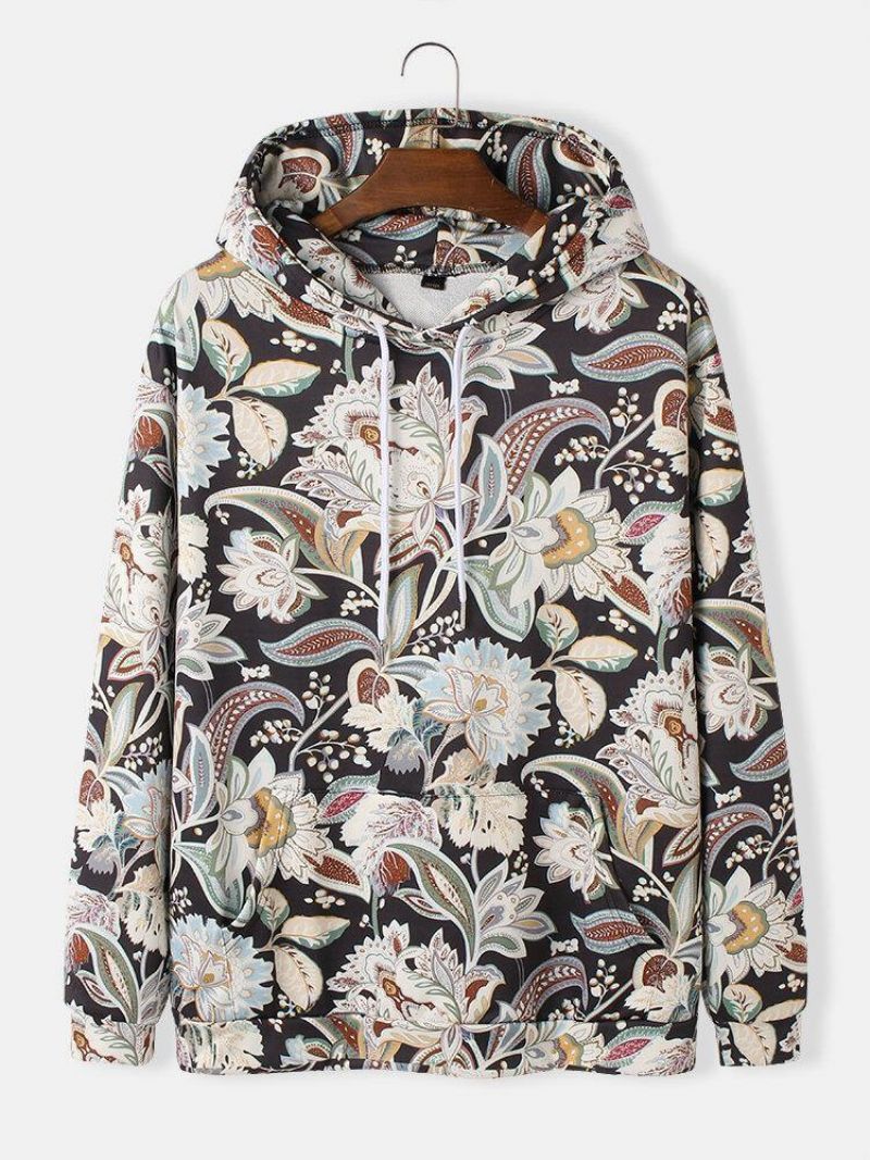 Sweat À Capuche À Manches Longues À Imprimé Floral Vintage Pour Hommes Avec Poche Kangourou