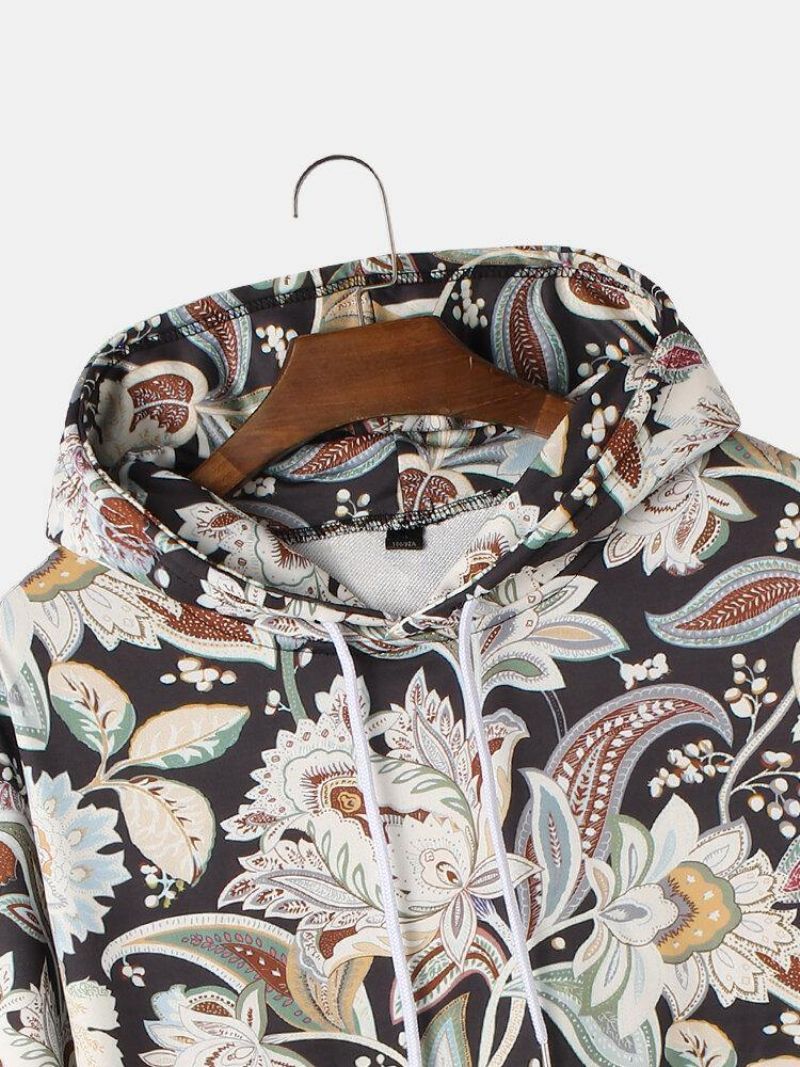 Sweat À Capuche À Manches Longues À Imprimé Floral Vintage Pour Hommes Avec Poche Kangourou