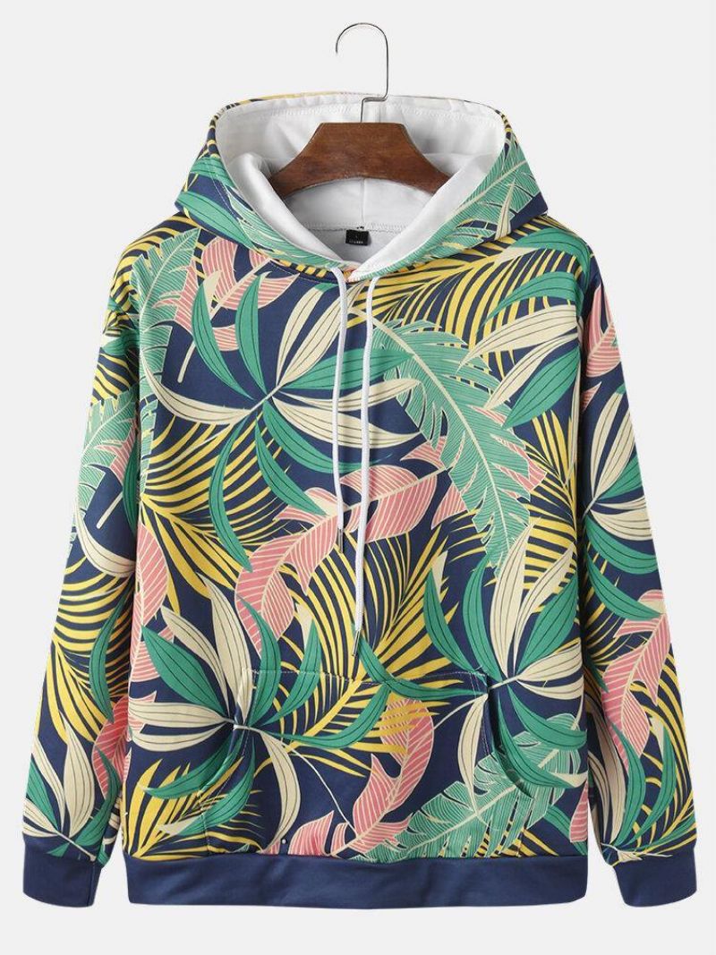 Sweats À Capuche Avec Cordon De Serrage Et Imprimé De Feuilles De Plantes Pour Hommes Avec Poche Kangourou