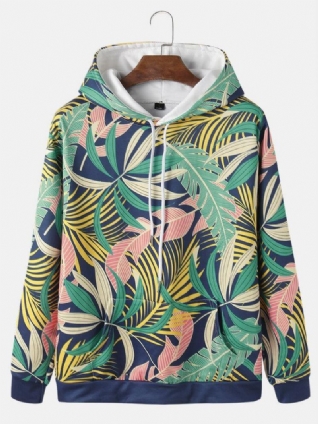 Sweats À Capuche Avec Cordon De Serrage Et Imprimé De Feuilles De Plantes Pour Hommes Avec Poche Kangourou