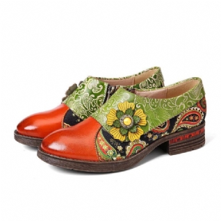 Chaussures Plates Confortables En Cuir Véritable Gaufré Floral En Cuir Rétro Paisley Splicing