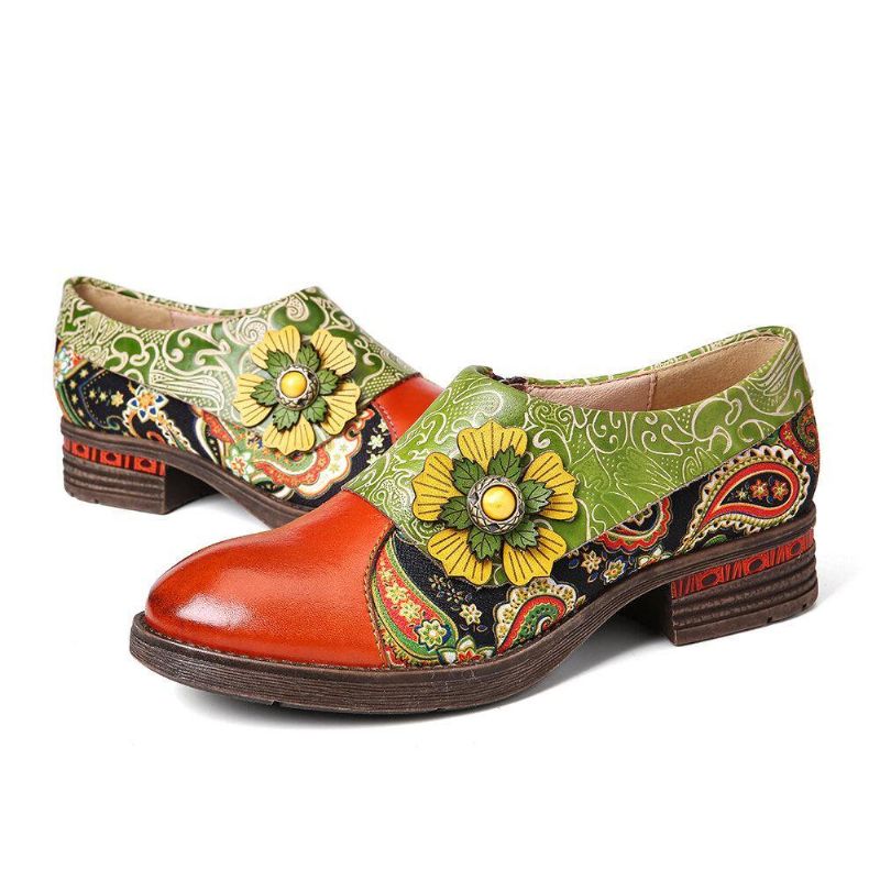 Chaussures Plates Confortables En Cuir Véritable Gaufré Floral En Cuir Rétro Paisley Splicing