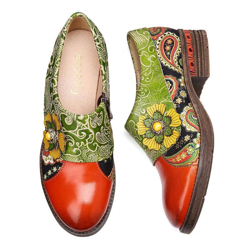 Chaussures Plates Confortables En Cuir Véritable Gaufré Floral En Cuir Rétro Paisley Splicing