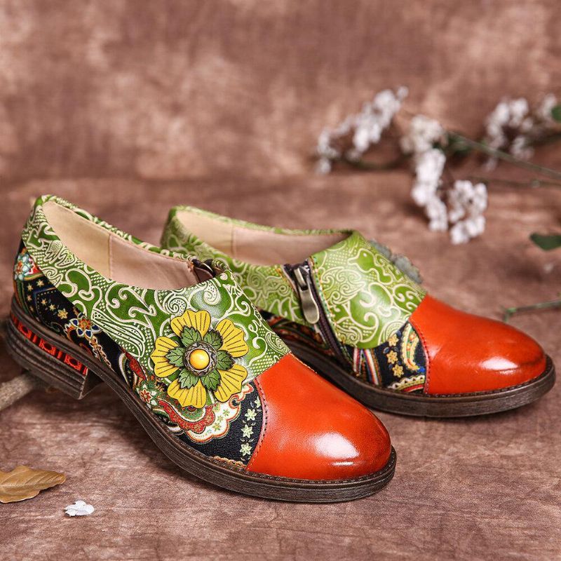 Chaussures Plates Confortables En Cuir Véritable Gaufré Floral En Cuir Rétro Paisley Splicing