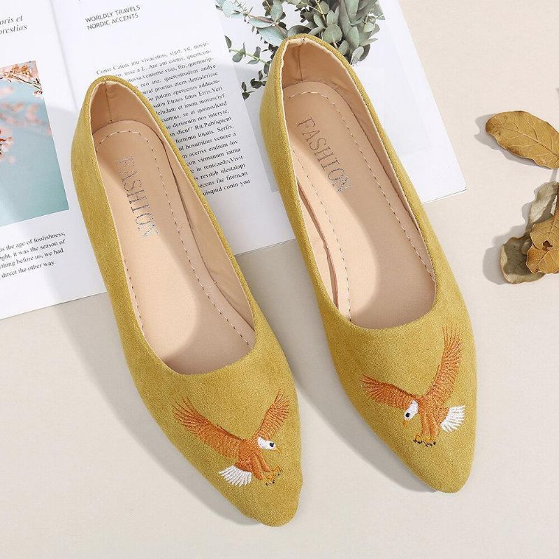 Chaussures Plates En Daim Brodées D'oiseaux À Bout Pointu Pour Femmes