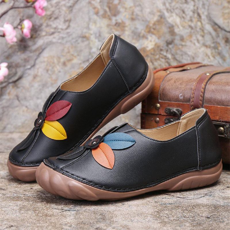 Femmes Retro Flower Stitching Comfy Round Toe À Enfiler Flat Mocassins Chaussures