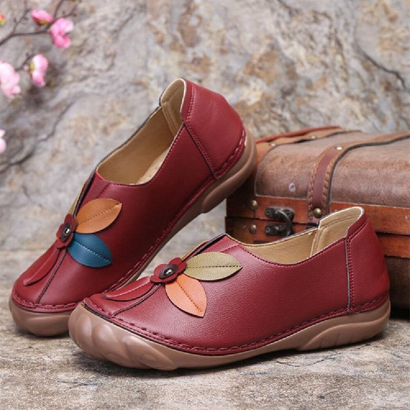 Femmes Retro Flower Stitching Comfy Round Toe À Enfiler Flat Mocassins Chaussures