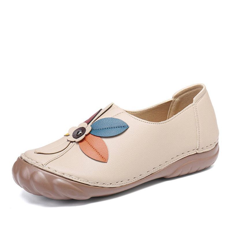 Femmes Retro Flower Stitching Comfy Round Toe À Enfiler Flat Mocassins Chaussures