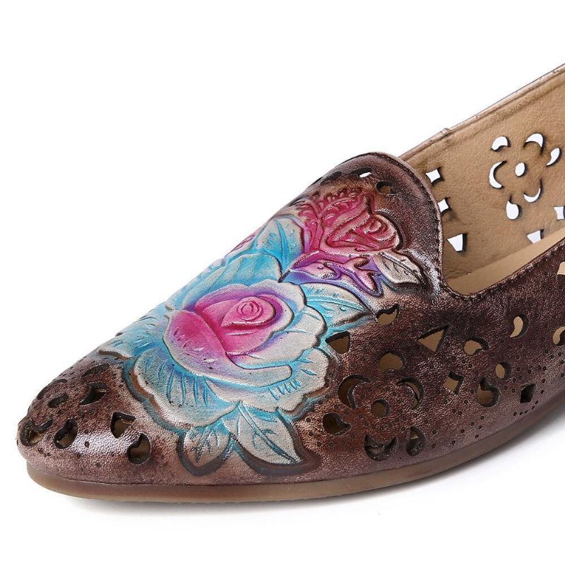 Mocassin Plat Élégant En Cuir Véritable Motif De Fleurs Creuses De Pivoine Délicate En Relief Rétro