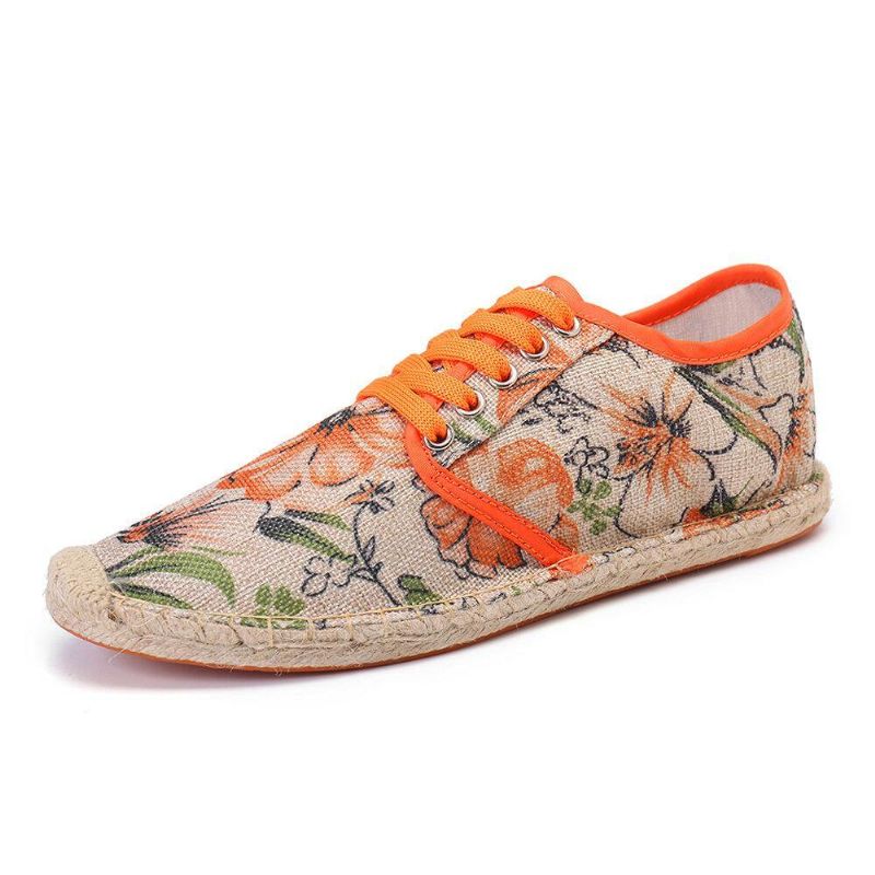 Tissu De Lin Imprimé Floral Confortable Respirant Portable À Lacets Chaussures Espadrilles Décontractées