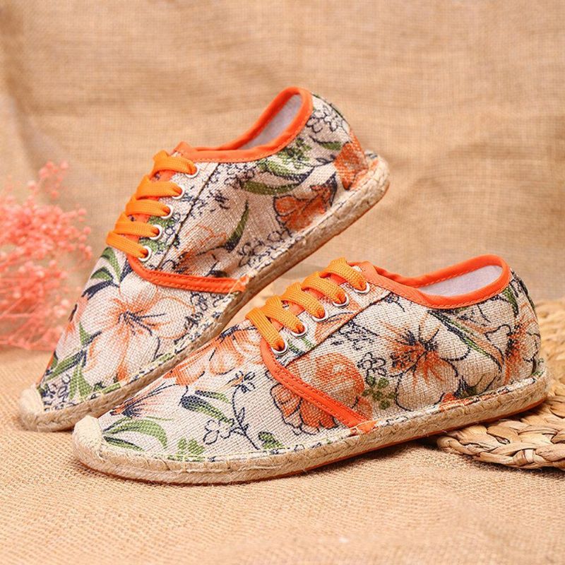 Tissu De Lin Imprimé Floral Confortable Respirant Portable À Lacets Chaussures Espadrilles Décontractées