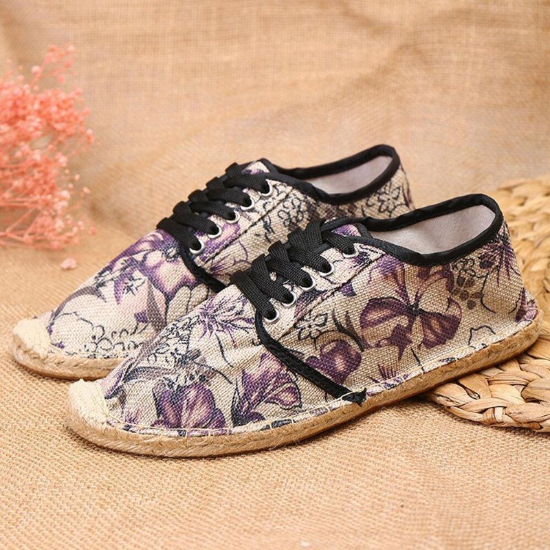 Tissu De Lin Imprimé Floral Confortable Respirant Portable À Lacets Chaussures Espadrilles Décontractées