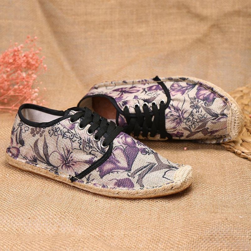 Tissu De Lin Imprimé Floral Confortable Respirant Portable À Lacets Chaussures Espadrilles Décontractées