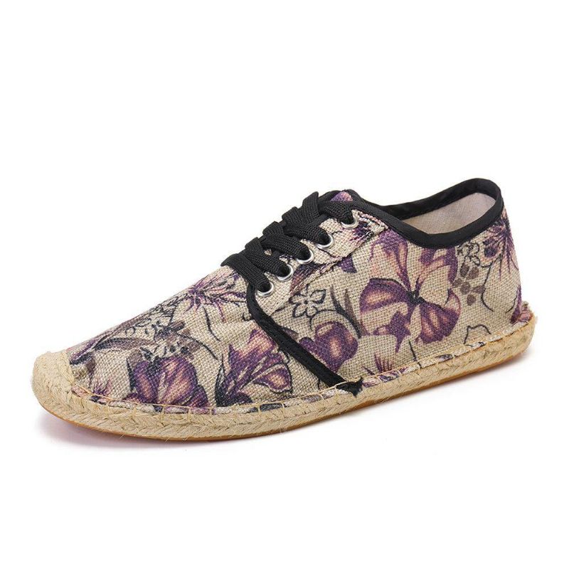 Tissu De Lin Imprimé Floral Confortable Respirant Portable À Lacets Chaussures Espadrilles Décontractées