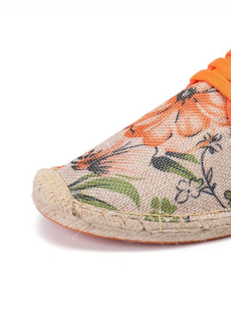 Tissu De Lin Imprimé Floral Confortable Respirant Portable À Lacets Chaussures Espadrilles Décontractées