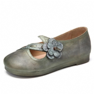 Vintage Fait À La Main En Cuir Souple Floral Strap Green À Enfiler Flat Shoes