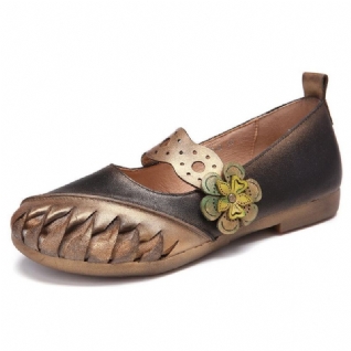 Vintage Handmade Soft Leather Floral Hook Loop Strap À Enfiler Flat Shoes