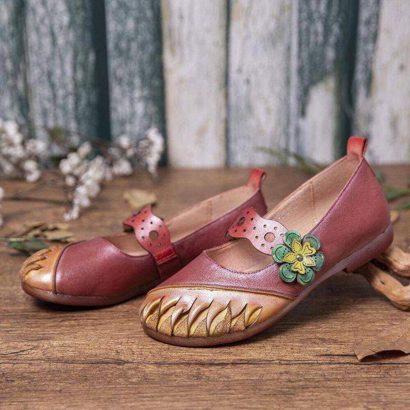 Vintage Handmade Soft Leather Floral Hook Loop Strap À Enfiler Flat Shoes