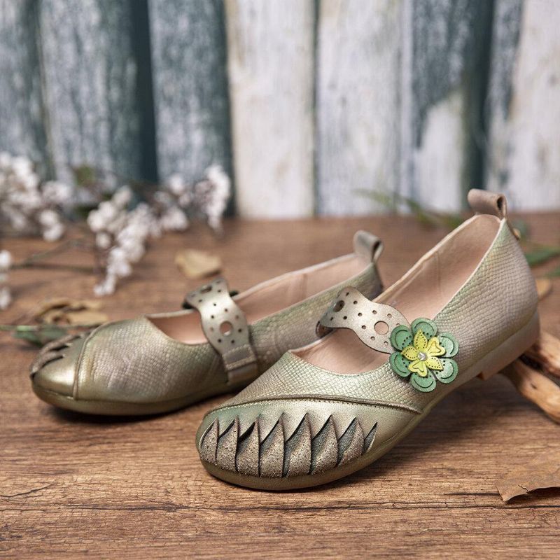 Vintage Handmade Soft Leather Floral Hook Loop Strap À Enfiler Flat Shoes