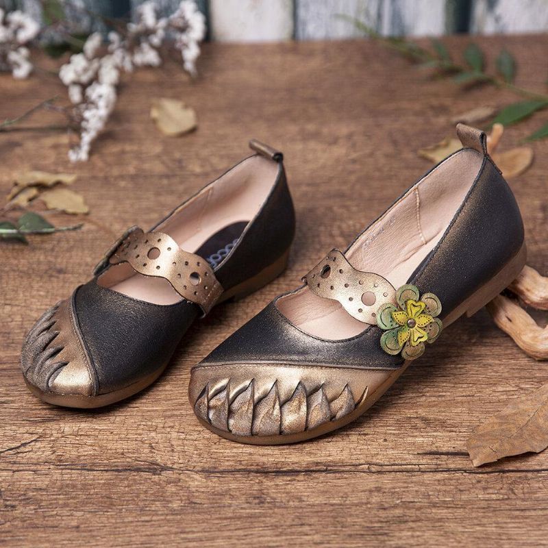 Vintage Handmade Soft Leather Floral Hook Loop Strap À Enfiler Flat Shoes