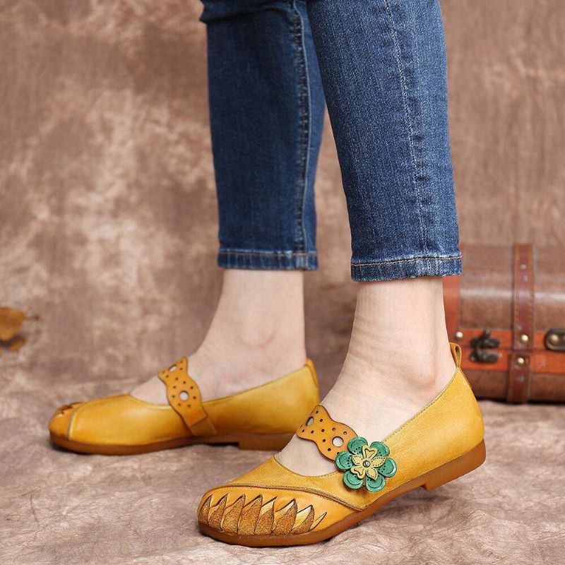 Vintage Handmade Soft Leather Floral Hook Loop Strap À Enfiler Flat Shoes