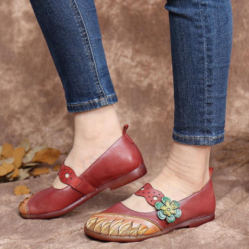 Vintage Handmade Soft Leather Floral Hook Loop Strap À Enfiler Flat Shoes