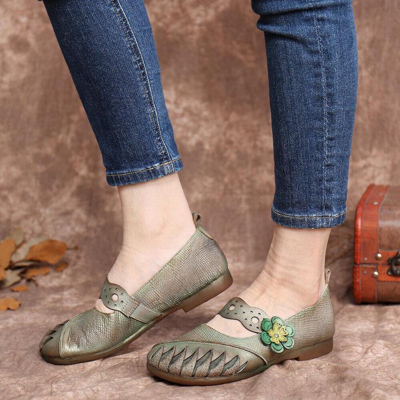 Vintage Handmade Soft Leather Floral Hook Loop Strap À Enfiler Flat Shoes