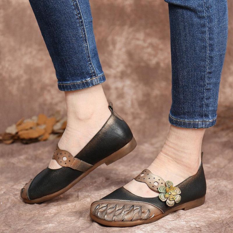 Vintage Handmade Soft Leather Floral Hook Loop Strap À Enfiler Flat Shoes