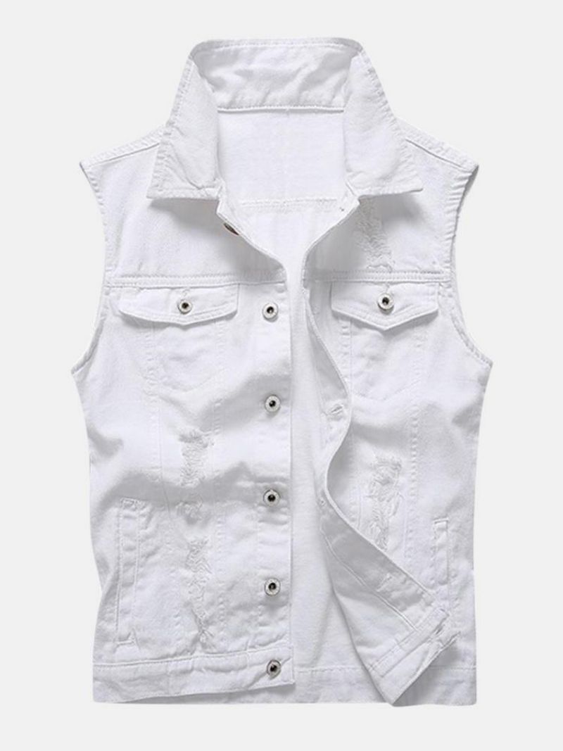 Décontracté Trous Poche Blanc Denim Gilets