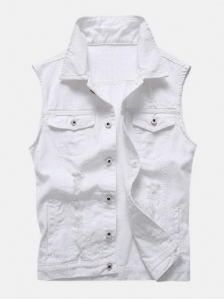 Décontracté Trous Poche Blanc Denim Gilets