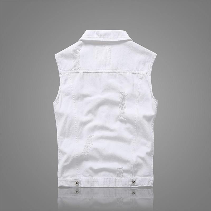 Décontracté Trous Poche Blanc Denim Gilets