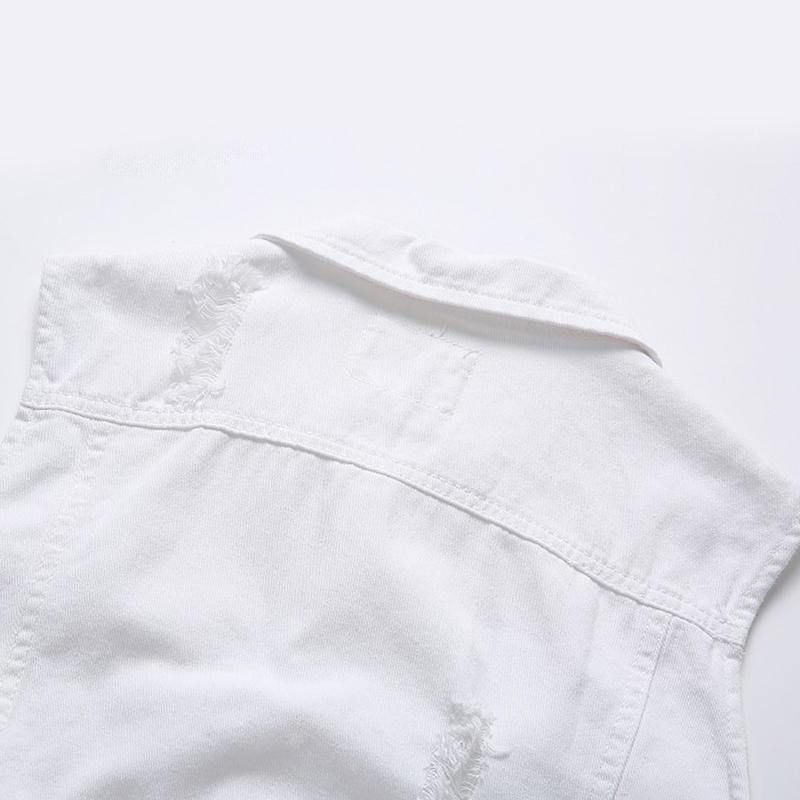 Décontracté Trous Poche Blanc Denim Gilets