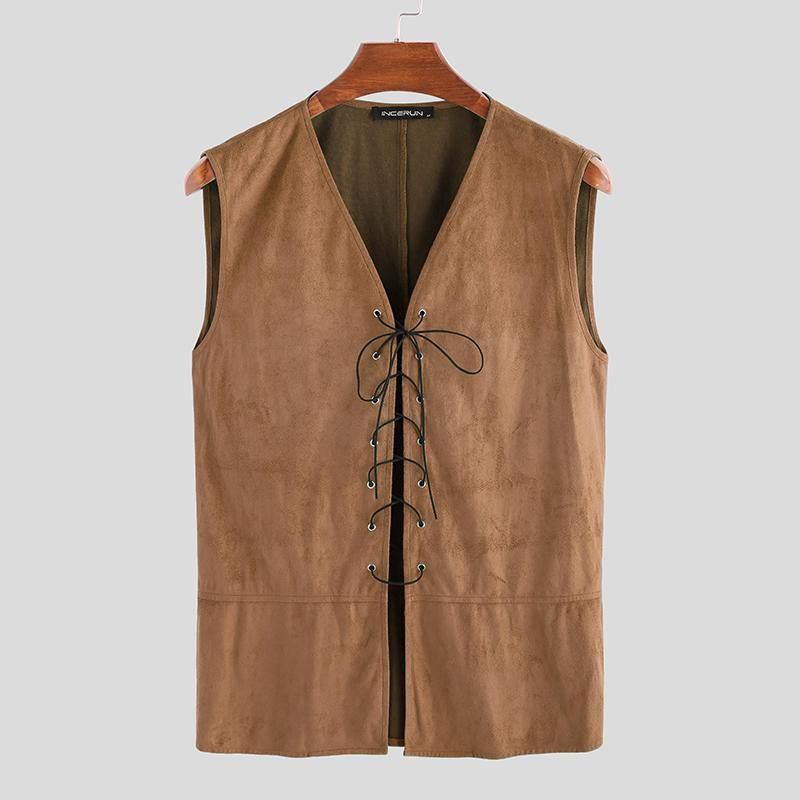 Gilet Décontracté À Col En V Vintage Pour Hommes Avec Cordon De Serrage